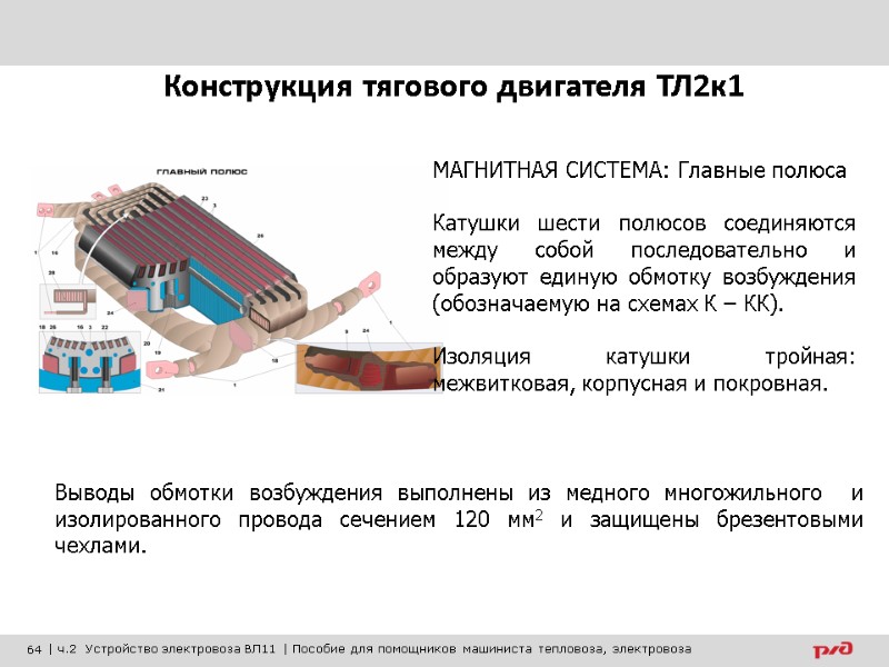 МАГНИТНАЯ СИСТЕМА: Главные полюса  Катушки шести полюсов соединяются между собой последовательно и образуют